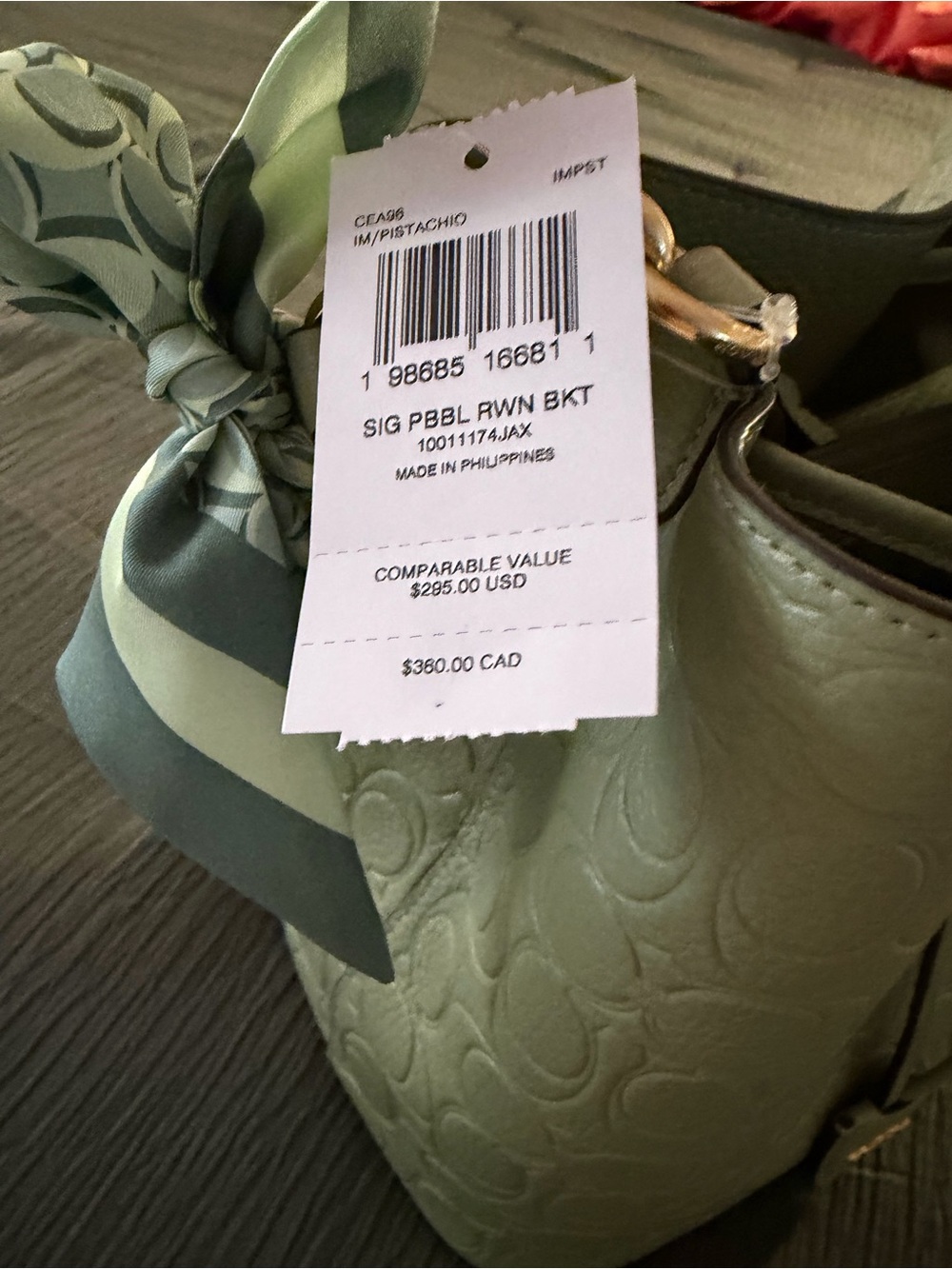 Coach Sage Green Embossed Pebbled Leather Drawstring Bucket Bag with Pouch - Picture 11 of 12